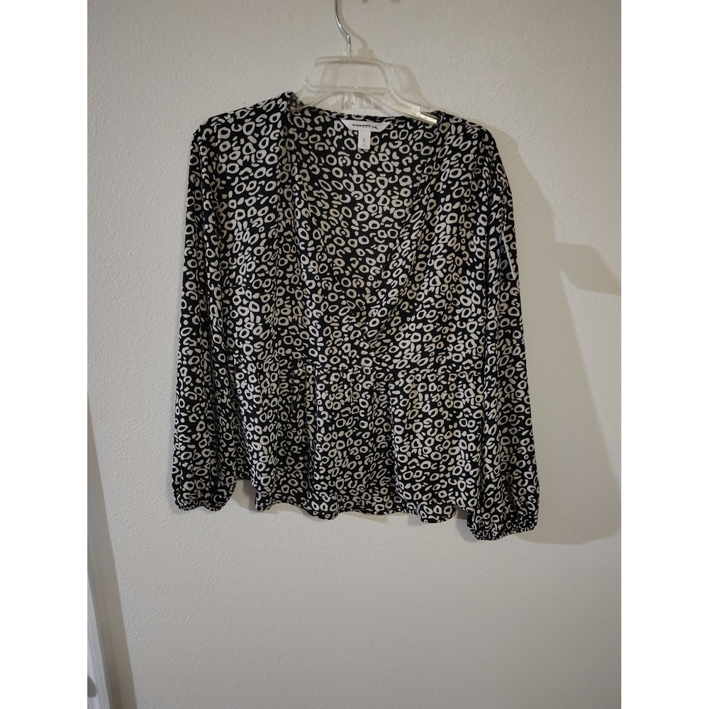 PopSugar Womens Black White Animal Print V-Neck Peplum Long Sleeve Blouse Small